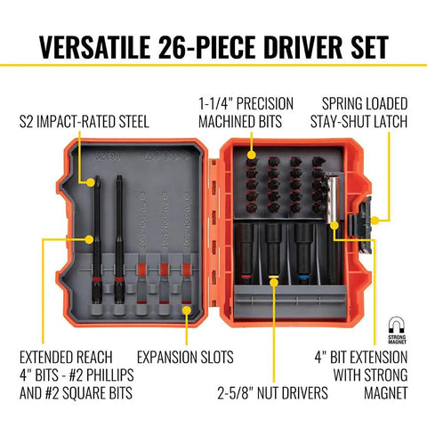26-Piece Impact Driver Bit Set With Nut Driver And Screwdriver Bits In Durable Case, showcasing extended reach and precision tips.