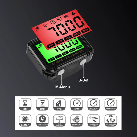 Digital Tachometer For Small Engines With LCD RPM Meter Hour Meter Waterproof Pulse Tach Replaceable Battery Boss For Lawn Mowers Dirt Bikes Boats Marine And UTVs 0 To 18,000 RPM Two Mode And Up To 36,000 RPM Three Mode Alarm Memory Auto Sleep