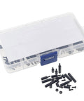 Heavy Duty M2 Brass Hex Spacer Standoff Screw And Matched Nut Assortment Kit in a transparent storage case with black hardware.