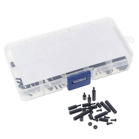 Heavy Duty M2 Brass Hex Spacer Standoff Screw And Matched Nut Assortment Kit in a transparent storage case with black hardware.