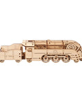 Mini Locomotive 3D Puzzle For Adults Hands On Wooden Train Model Kit Rubber Band Powered Mechanical Puzzle With 172 Pieces Easy DIY Craft Project For Home Workshop And Train Enthusiasts Pure Fun side view of wooden locomotive model with tender