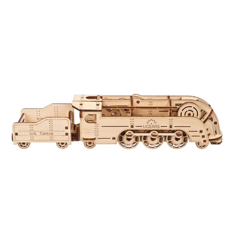 Mini Locomotive 3D Puzzle For Adults Hands On Wooden Train Model Kit Rubber Band Powered Mechanical Puzzle With 172 Pieces Easy DIY Craft Project For Home Workshop And Train Enthusiasts Pure Fun side view of wooden locomotive model with tender