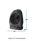 Black oscillating space heater with adjustable thermostat, desktop portable 1500W, featuring fan-forced heat and safety features.