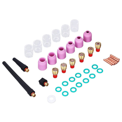 Heavy Duty Badass TIG Welding Torch Accessory Kit With Ceramic Gas Lens Nozzles Collet Set And Glass Cover For Wp 9 20 25 Torches, includes various nozzles and copper parts.