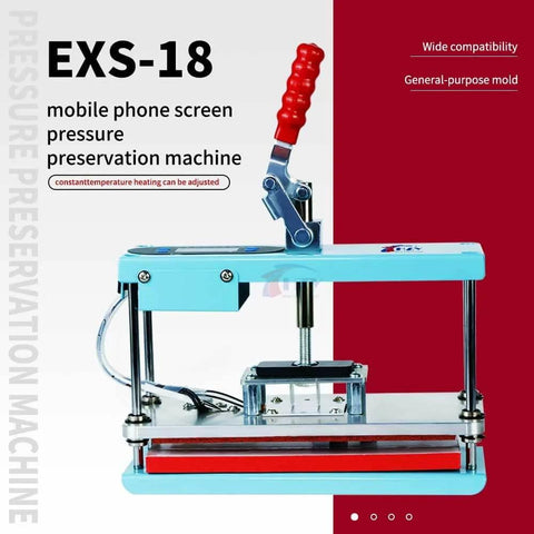 EXS-18 mobile phone screen pressure preservation machine with red handle, blue frame, and temperature control panel.