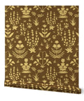 Top Tier Brown Floral Wallpaper With Shimmering Metallic Gold Foil Texture showing floral patterns on brown background, 2ft by 27ft roll.