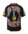 Back view of Conveyor Belt Patterned XXL Men's Short Sleeve Cuban Collar Shirt with vibrant design in black polyester.
