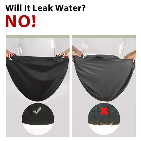 Waterproof Patio Table Cover 96x48 Inches Heavy Duty 600D shown preventing leaks with secure black fabric.