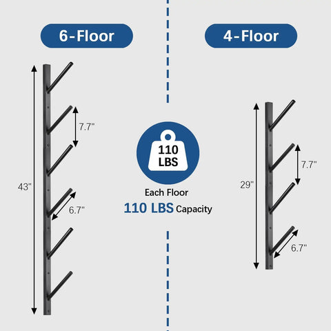 Heavy Duty Carbon Steel 4 Layer Skateboard Wall Mount Rack Snowboard Ski Display Holder dimensions, 29-43 inches tall, 110 lbs capacity.