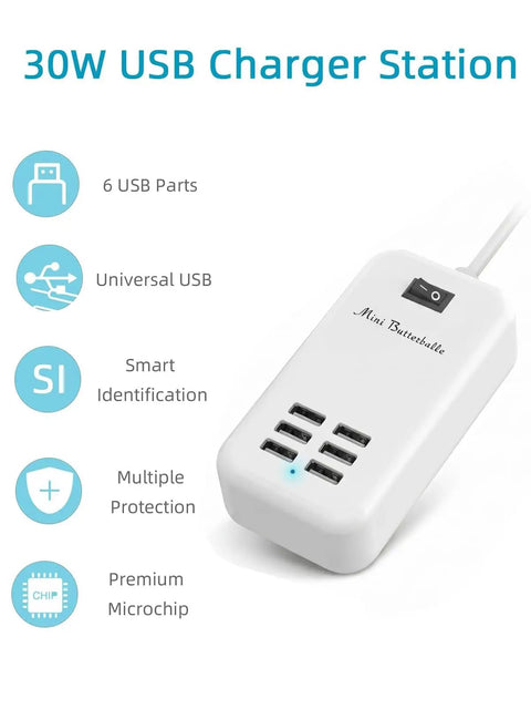 Six Port USB Charger Hub With US Plug Desktop Power Wall Adapter Cable Included Travel Charging Station for Six USB Devices