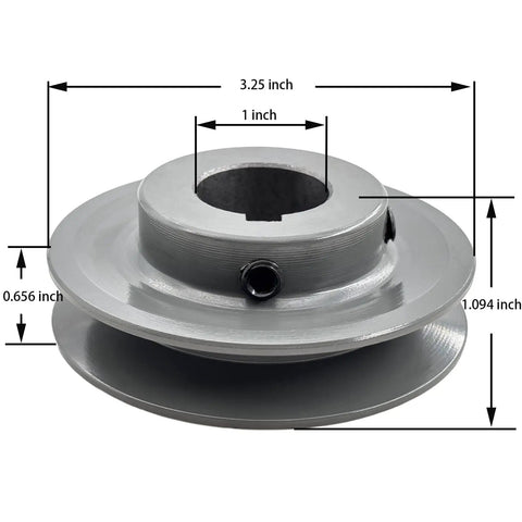 Beefy Cast Iron V Belt Pulley 1 Inch Bore, 3.25 Inch Outer Diameter, One Groove Motor Pulley with dimensions displayed