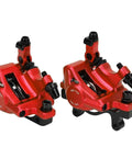 Rock Solid Top Tier Hydraulic Disc Brake Set featuring two way paddle levers and sturdy aluminum alloy calipers in bright red finish.