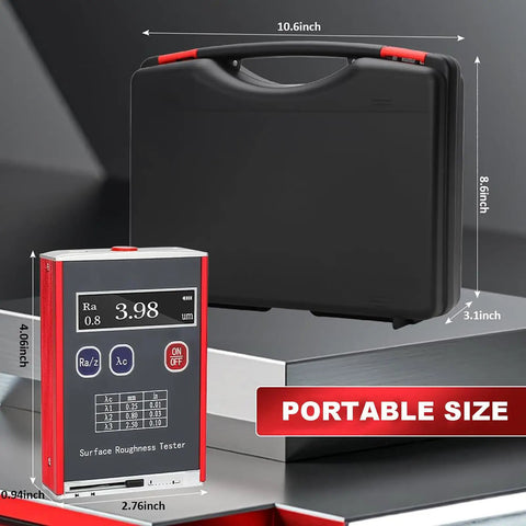 Roughness Tester Meter Profilometer With Data Storage And OLED Display shown with carrying case, measuring dimensions.