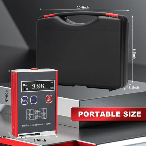 Pro Grade Digital Profilometer For Surface Roughness And Finish Measurements In Engineering And Lab Settings With 0.01 Micron Precision And Multi Parameter Readouts Ra Rq Rz Rt, shown with portable storage case.