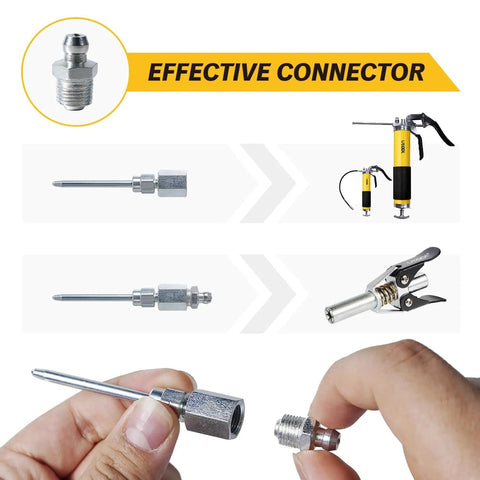 Grease Gun Accessory Kit With 90 Degree Coupler And Needle Nozzle For Hard To Reach Zerk Fittings shown in use for lubrication