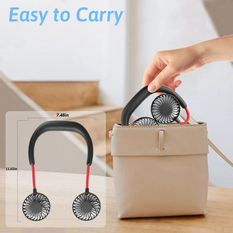 Woman placing Neck Wearable Portable Fan With 2500mAh Battery USB Rechargeable Hands Free Dual Head Rotatable Mini Face Cooling Personal Fan into a beige handbag