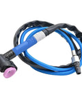Heavy Duty Pneumatic Elbow Grinder Boasts A Rock Solid 3 Millimeter Chuck And A Blazing 23000Rpm Motor For Tough Grinding Polishing And Knockout Finishing Work Anywhere On The Job Site with blue hose and pink grinding tool attachment.