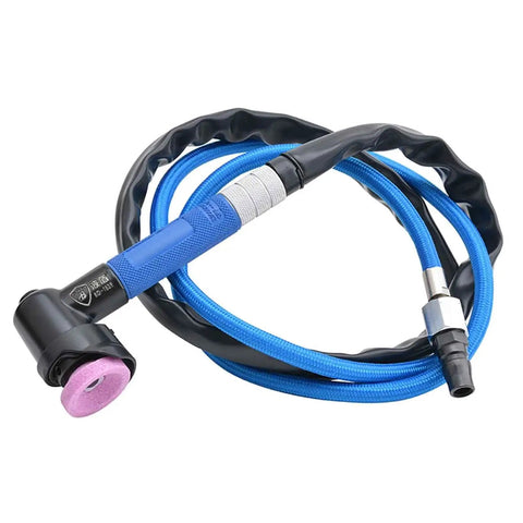 Heavy Duty Pneumatic Elbow Grinder Boasts A Rock Solid 3 Millimeter Chuck And A Blazing 23000Rpm Motor For Tough Grinding Polishing And Knockout Finishing Work Anywhere On The Job Site with blue hose and pink grinding tool attachment.