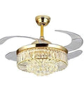Genuine Flex Ceiling Fan Light 42 Inch Invisible Telescopic Blades Dimmable Led Chandelier with gold finish and retractable acrylic blades.