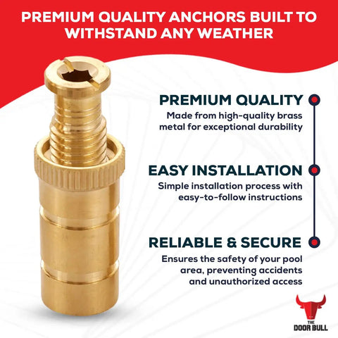 Beefy Heavy Duty Brass Pool Cover Anchors For Concrete And Paver Decks Universal Size Fits Three Quarter Inch Hole Safe Inground Pool Safety Covers Durable Weatherproof And Easy To Install Five Pack showing premium build with text details.