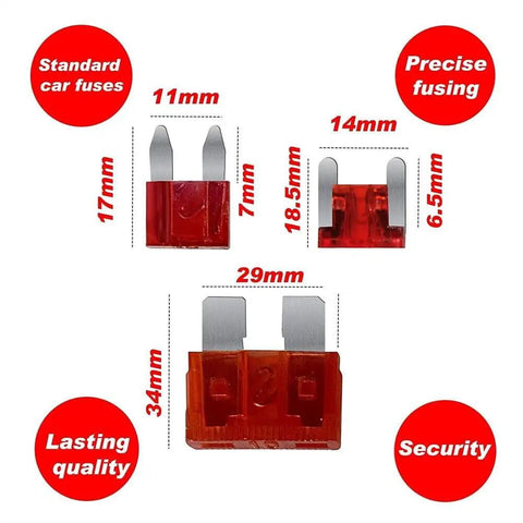 Image showing sizes of car fuses in Comprehensive Car Fuses Kit With Aluminum Sheet 2 To 35A M And S Sizes Includes Circuit Tester Heavy Duty Auto Fuse Set For Quick DIY Electrical Troubleshooting And Repairs Perfect For Workshop Or Garage.