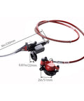 Front view of mini bike hydraulic disc brake kit with red braided hose and black caliper; includes lever.
