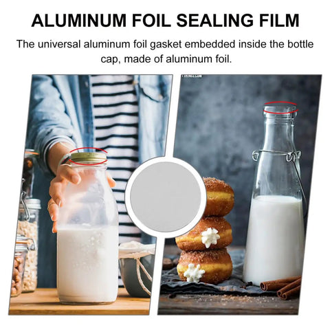 Premium Aluminum Foil Sealing Gasket Liners For Plastic Silver Bottles And Glass Jars To Keep Herbs Spices Fresh Waterproof Pressure Sensitive Air Seal Cap Insert in use with milk jar.