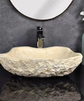 Top Shelf Stone Vessel Bathroom Sink Ideal For Countertops Or Patios Featuring A Slick Smooth Bowl Interior And Rugged Outside Look That Is A Serious Space Upgrader, beige stone finish, modern design