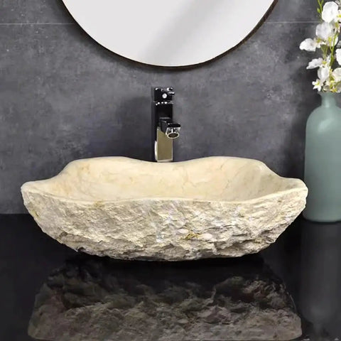 Top Shelf Stone Vessel Bathroom Sink Ideal For Countertops Or Patios Featuring A Slick Smooth Bowl Interior And Rugged Outside Look That Is A Serious Space Upgrader, beige stone finish, modern design