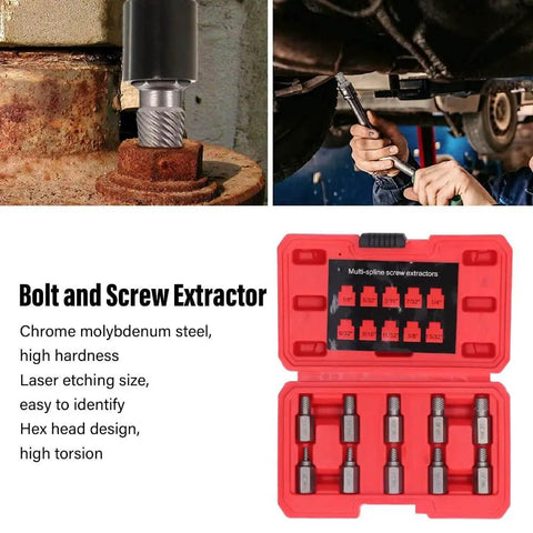 Super Cool 10 Piece Screw Extractor Set Made From Tough Chrome Moly Steel To Rip Out Stripped Bolts and Broken Fasteners With Ease Featuring Red Storage Box For Easy Tool Organization, red case