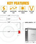 Ultra Thin 4 Inch LED Recessed Ceiling Light Kit With Junction Box 5000K Daylight White showing key features and dimensions