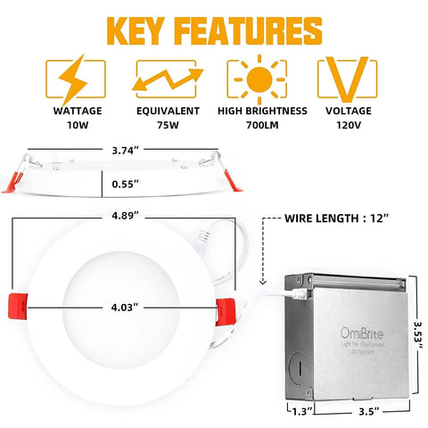 Ultra Thin 4 Inch LED Recessed Ceiling Light Kit With Junction Box 5000K Daylight White showing key features and dimensions