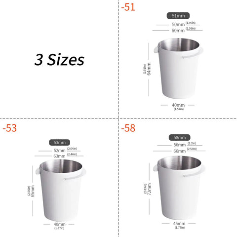 3 sizes of Pro Grade Rustproof Coffee Grounds Dispenser for home and commercial use in food grade stainless steel.