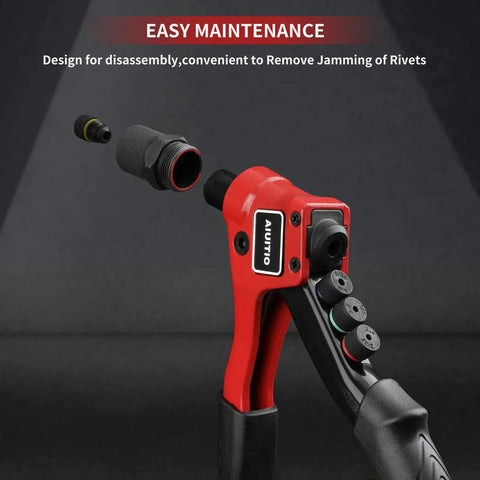 Manual Pop Rivet Gun Kit With 200 Aluminum Rivets In Four Sizes And Four Drill Bits For Easy Installation showing disassembled nozzle for maintenance.