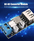 Slick And Solid Dc Dc Buck Converter Step Down Voltage Regulator Module 6V To 32V To 5V With Usb Quick Charge Port and screw terminals, close-up view.