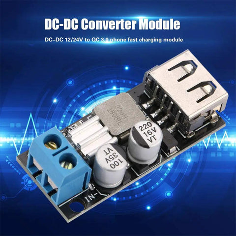 Slick And Solid Dc Dc Buck Converter Step Down Voltage Regulator Module 6V To 32V To 5V With Usb Quick Charge Port and screw terminals, close-up view.
