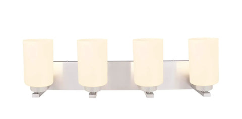 Four-Light Metal Bathroom Vanity Wall Light Fixture, 30 Inch Wide Satin Nickel With Opal Glass Shades, front view