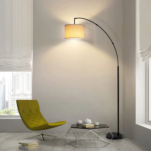 Arc Floor Lamp With Remote Control, 81 Inch Tall Dimmable LED, curved metal stand with adjustable drum shade in modern living room