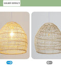 Beige Bamboo Pendant Light Fixture Boho Style With Rattan Wrapped Shade Hanging Lamp On and Off Light Effect