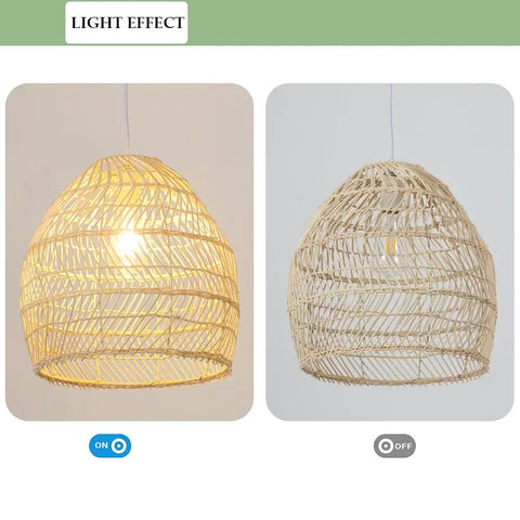 Beige Bamboo Pendant Light Fixture Boho Style With Rattan Wrapped Shade Hanging Lamp On and Off Light Effect