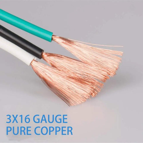 Close-up of 3x16 gauge pure copper wires for 25ft Weatherproof Outdoor Extension Cord With Four Evenly Spaced Inline Outlets LED Indicator