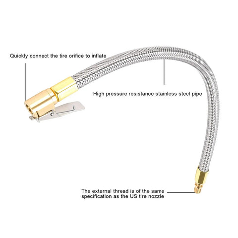 Two Piece Heavy Duty Tire Inflator Hose Adapter With 13 Inch Stainless Steel Extension For Cars And Bikes Reaches Tight Valve Spots Easy With M8 Thread Secures Air Pump Flow Avoids Leaks Helps Maintain Pressure High On The Road Anytime You Drive, braided hose view