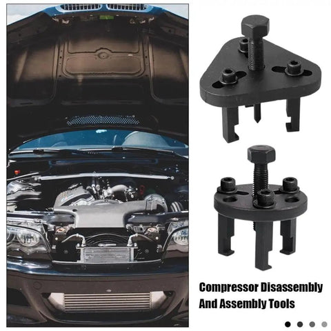 All In One Auto AC Repair Wrench Set With Clutch Removal Tools shown with car engine and compressor disassembly tools.