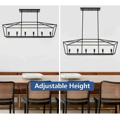 4 Light Farmhouse Chandelier in Black Metal with Open Geometric Frame over Dining Table, Adjustable Height Feature
