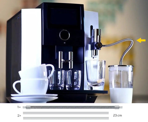 Home espresso machine with stainless steel milk frothing hose, 23 cm long, for creamy foam in drinks, no clogs or leaks.