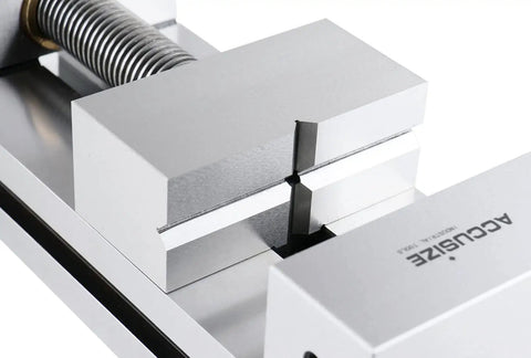 Close-up of 4 Inch Precision Toolmakers Vise For Machinists With Hardened And Ground Steel, 58 62 HRC for accurate machining.