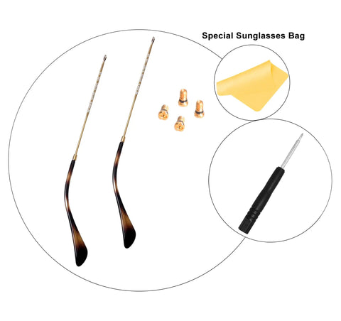 All In One Replacement Temple Arm Kit For Hexagonal Flat Lens Sunglasses With 145mm Gold Metal Frame Includes Temple Tips Four Screws One Screwdriver And Cleaning Cloth