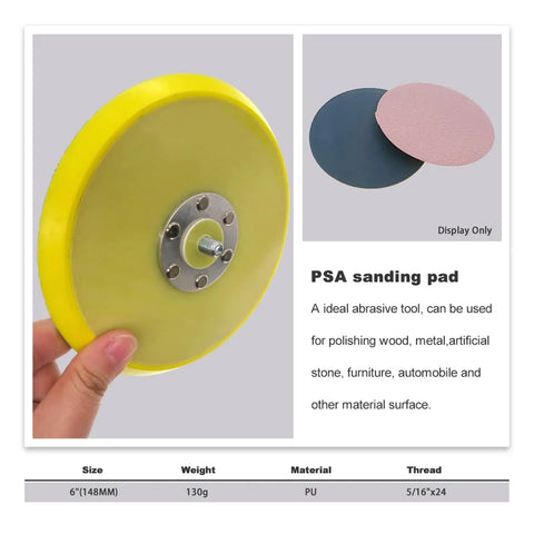 2-Pack 6 Inch Vinyl PSA Sanding Backing Pads For Power Drills, yellow backing pad held in hand, ideal for quick swap sanding tasks.