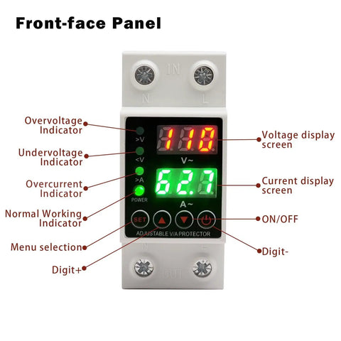 63A Smart Voltage Protector With LCD Display 110V To 220V Wide Range, adjustable DIN rail front panel with voltage and current screens