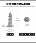 Heavy Duty Flat Head Phillips Self Tapping Screws In 304 Stainless Steel 18 8 Grade Size #12 x 3/4 inch with dimensions